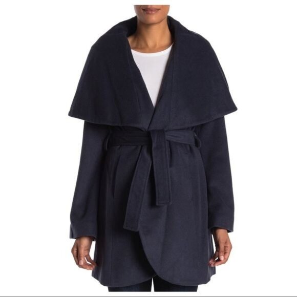 T Tahari Womens Marla Oversized Drape Collar Tie Coat Wool Blend Black L